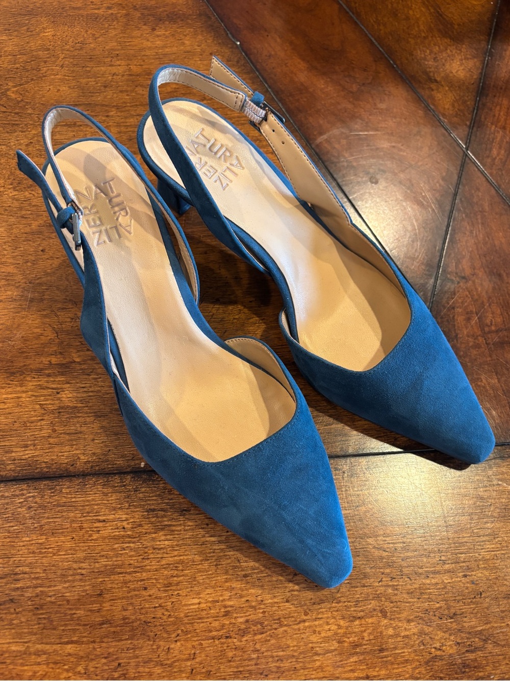 Blue Suede Pointed Slingback Heels 8.5
